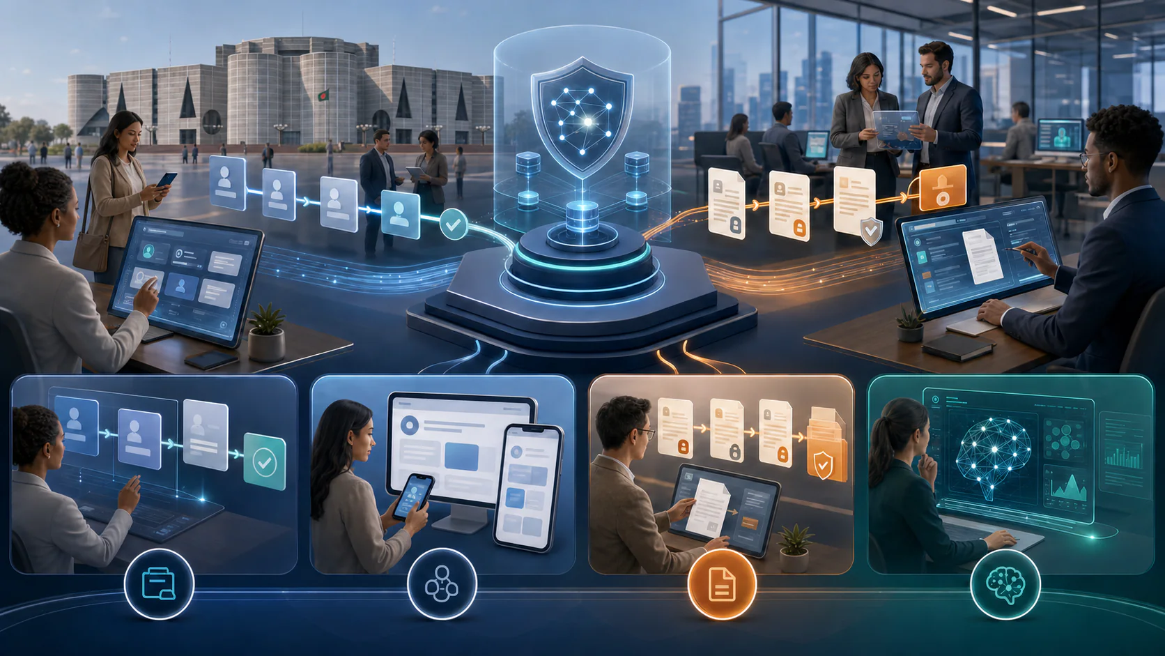Secure case, portal, document, and AI platforms for Bangladesh government and enterprise, with the Jatiya Sangsad Bhaban representing government