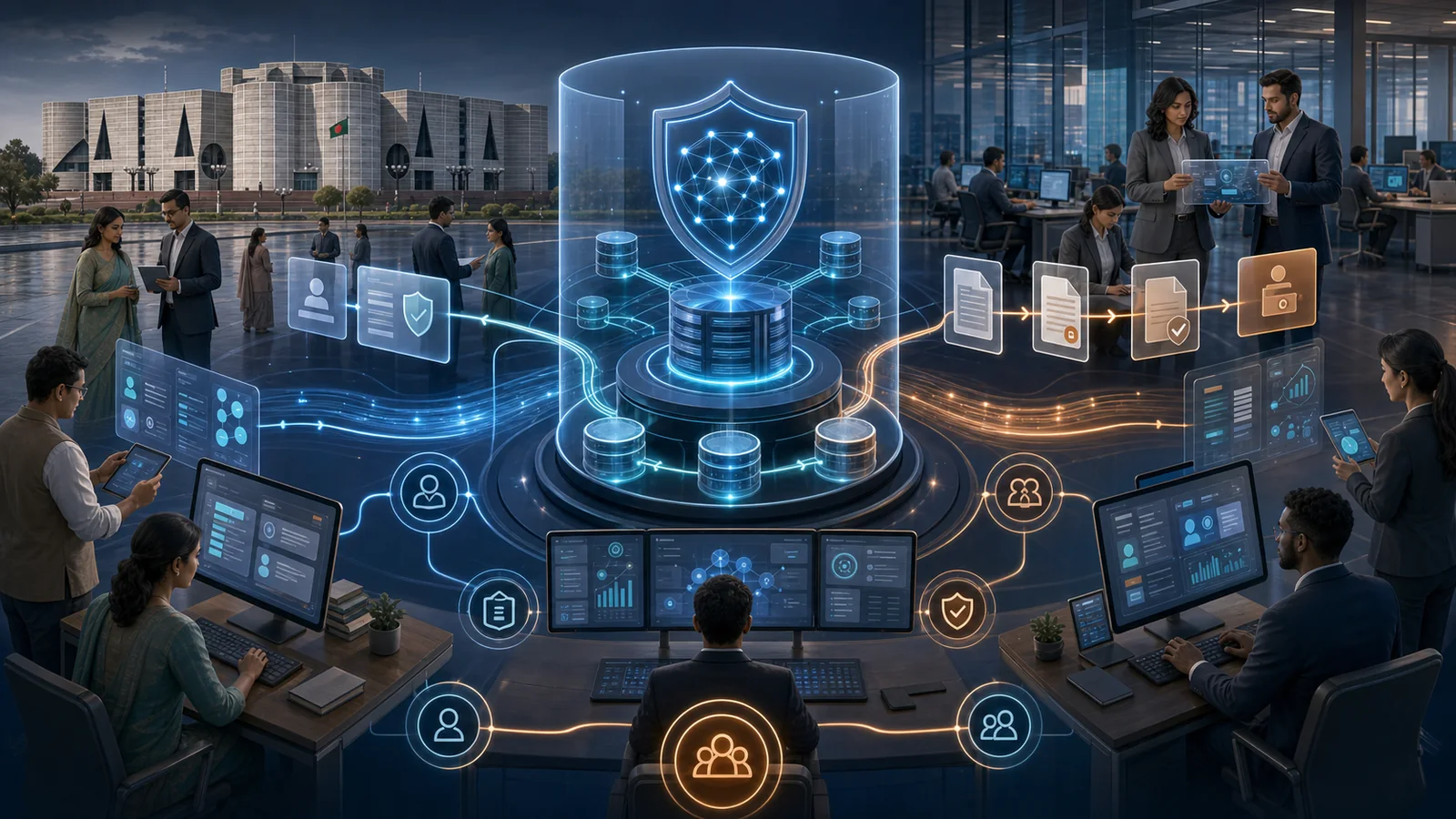 Governed secure AI assistants supporting Bangladesh government services and enterprise operations, with the Jatiya Sangsad Bhaban representing government