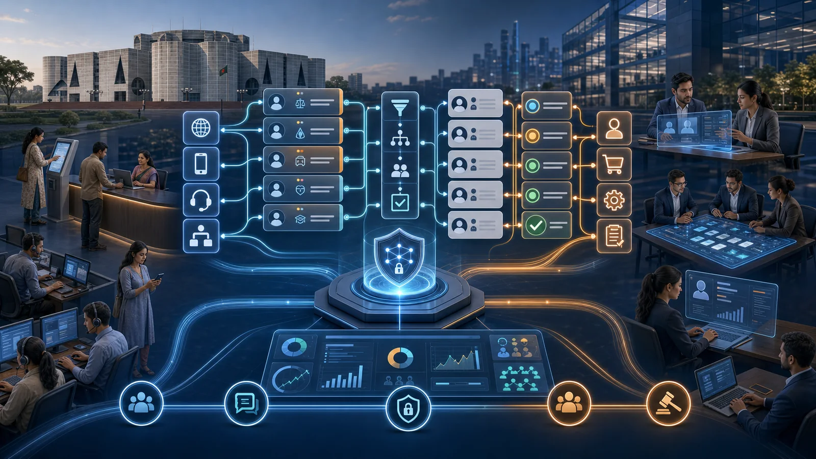 Case management workflow for Bangladesh government public-service requests and enterprise customer, compliance, and operational cases, with the Jatiya Sangsad Bhaban representing government