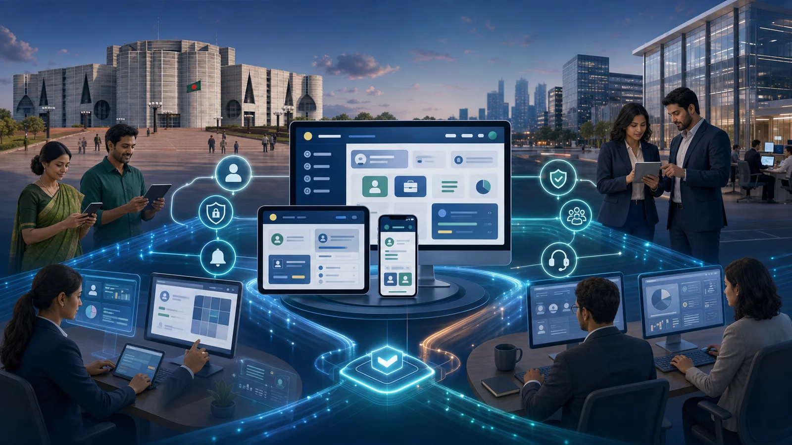 Responsive digital service portals for Bangladesh government citizens and enterprise customers, partners, and employees, with the Jatiya Sangsad Bhaban representing government