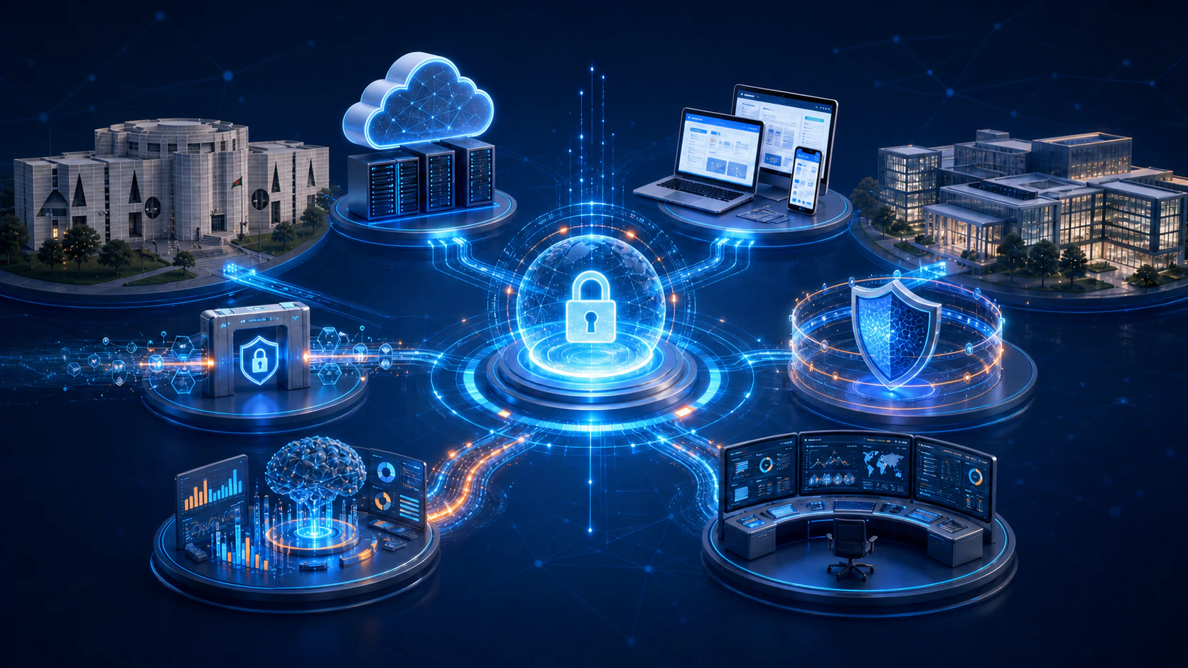 Digital technology services connecting Bangladesh government and enterprise through cloud, applications, APIs, cybersecurity, data, AI, and managed operations, with the Jatiya Sangsad Bhaban representing government
