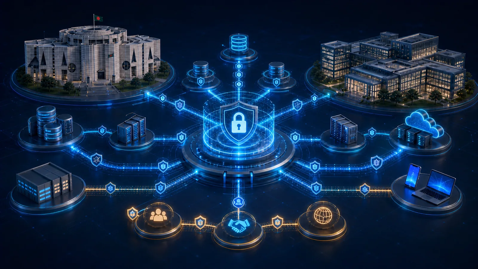 Secure API integration connecting Bangladesh government services and enterprise systems, with the Jatiya Sangsad Bhaban representing government