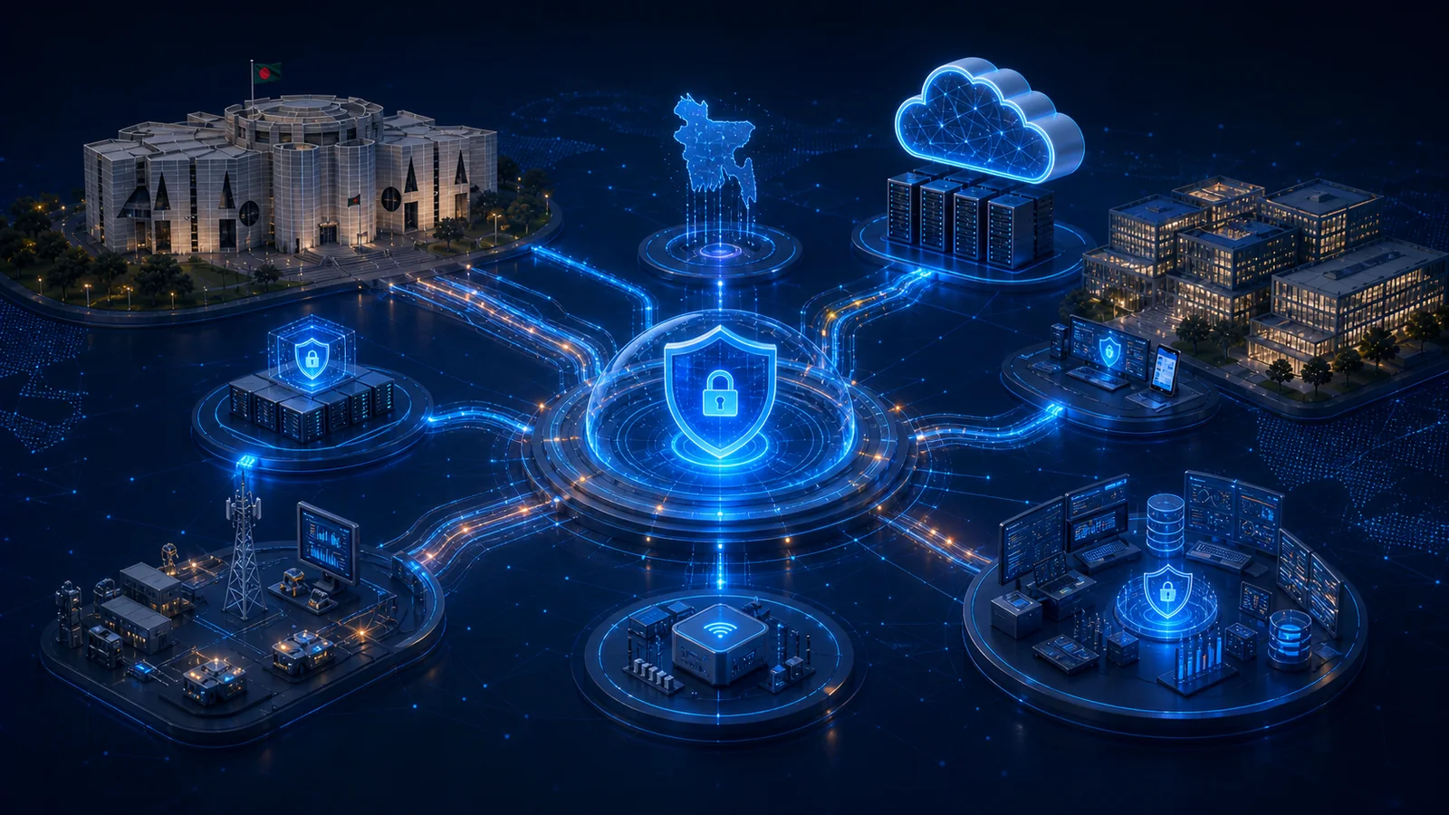 Secure hybrid cloud architecture connecting Bangladesh government infrastructure, represented by the Jatiya Sangsad Bhaban, with enterprise cloud and on-premises systems