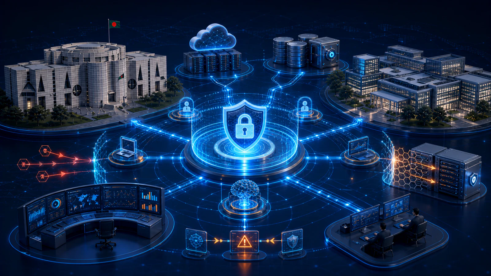 Zero-trust cybersecurity protecting Bangladesh government and enterprise identities, applications, networks, and data, with the Jatiya Sangsad Bhaban representing government