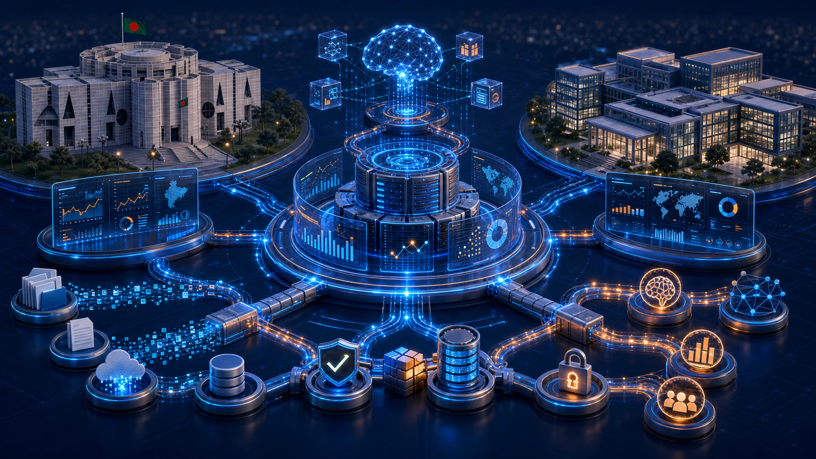 Governed data and AI analytics supporting Bangladesh government services and enterprise decisions, with the Jatiya Sangsad Bhaban representing government