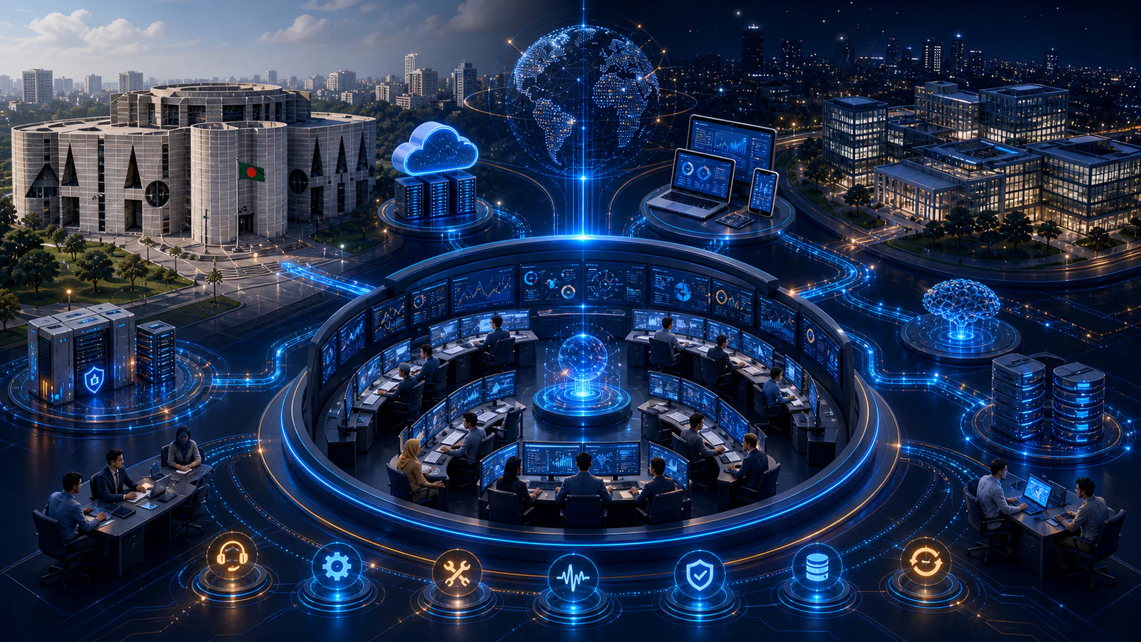 Managed operations monitoring and supporting Bangladesh government digital services and enterprise platforms, with the Jatiya Sangsad Bhaban representing government