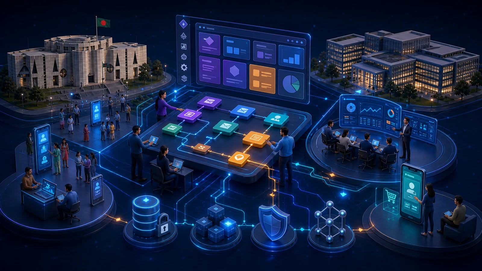 Low-code applications and automated workflows for Bangladesh government and enterprise teams, with the Jatiya Sangsad Bhaban representing government